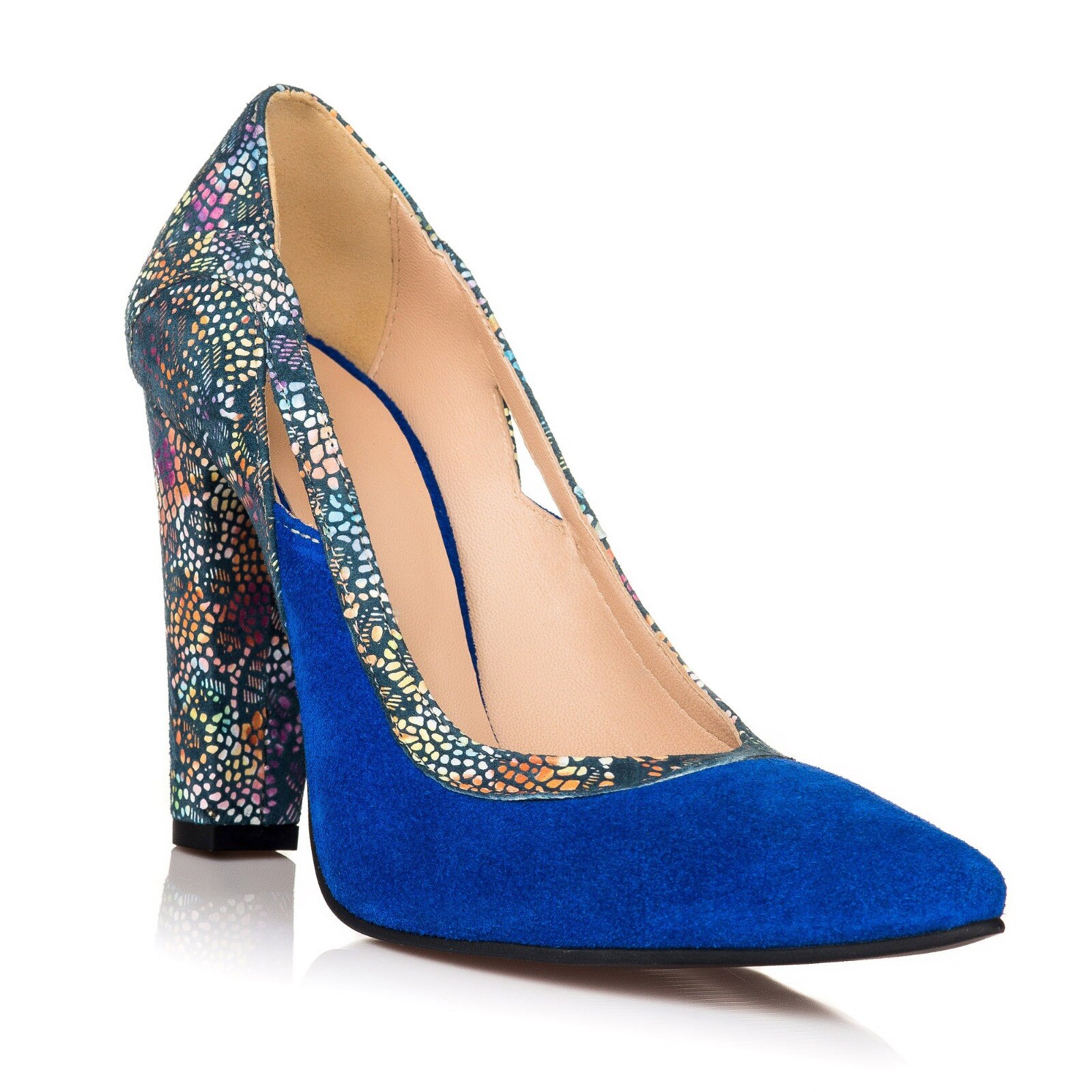 Pantofi dama eleganti din piele, Clara cu toc gros imprimat, Albastru royal